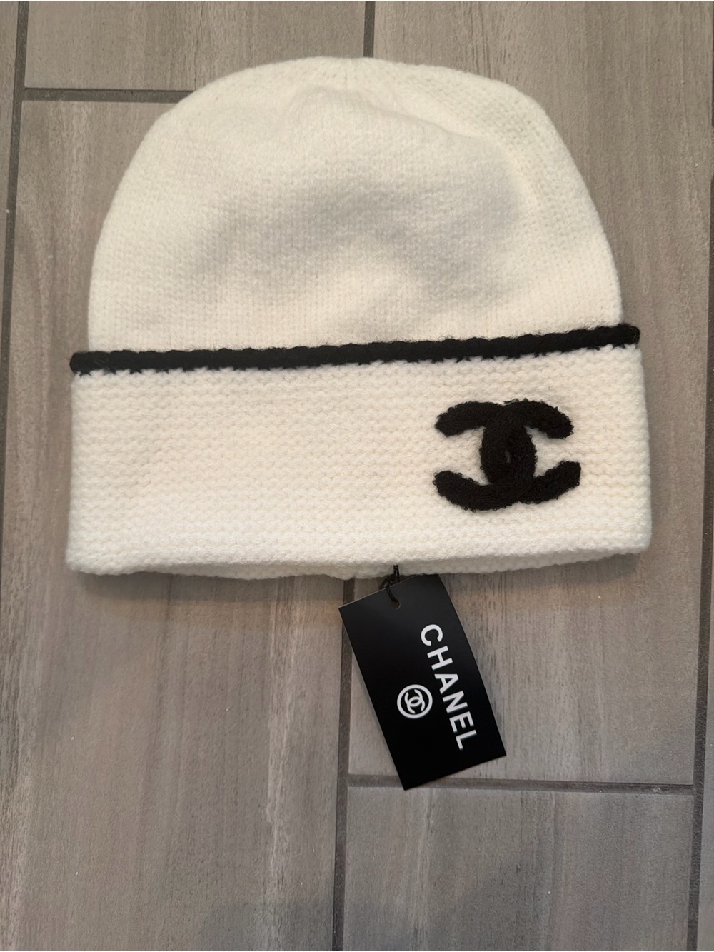 CHANEL White and Black Kids Knit Beanie with CC Logo
